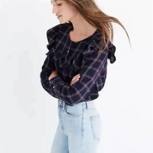 Madewell Cottage Core Plaid Ruffle-Yoke Blue and Maroon Top Size Medium